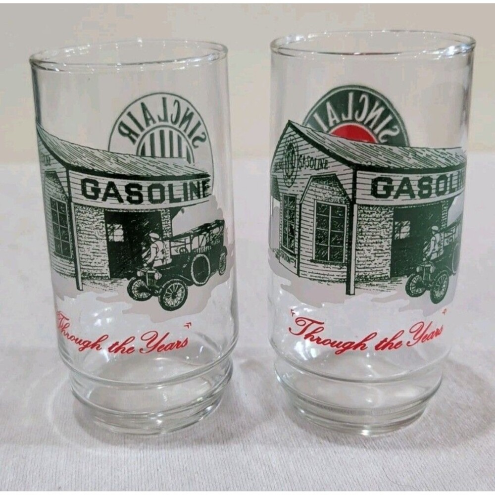 Vintage(2) Sinclair 6" Gasoline Drinking Glasses "Through The Years" 1920 & 1926